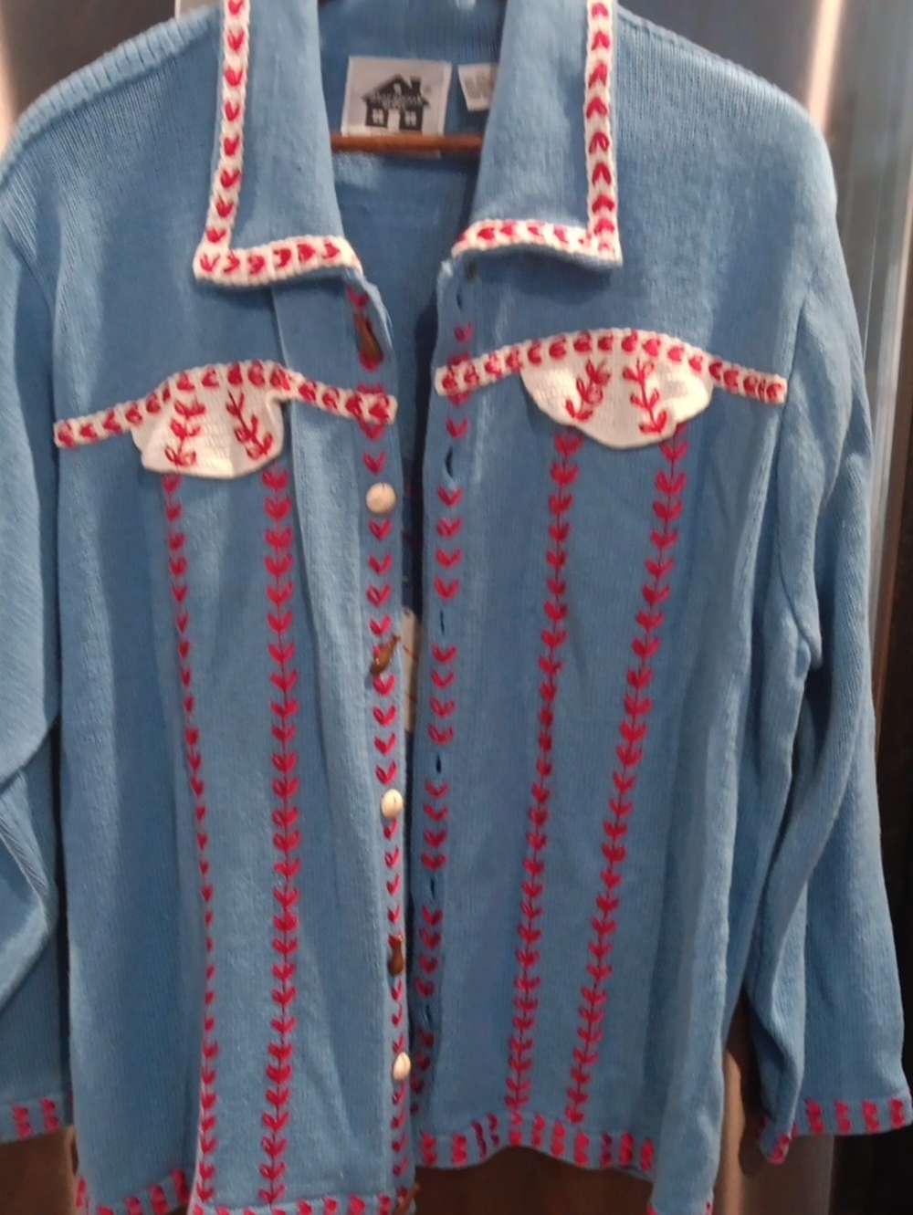 Blue Embroidered Button-Up Cardigan with Red Detail